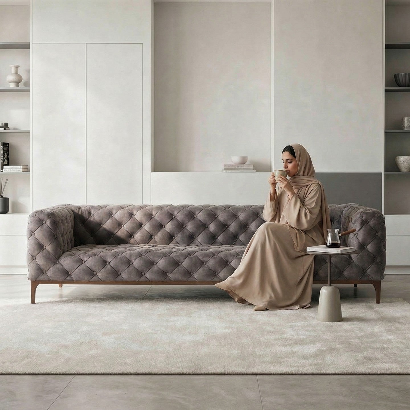 Woman sitting on a gray classic Chesterfield style sofa in a modern living room, holding a coffe cup