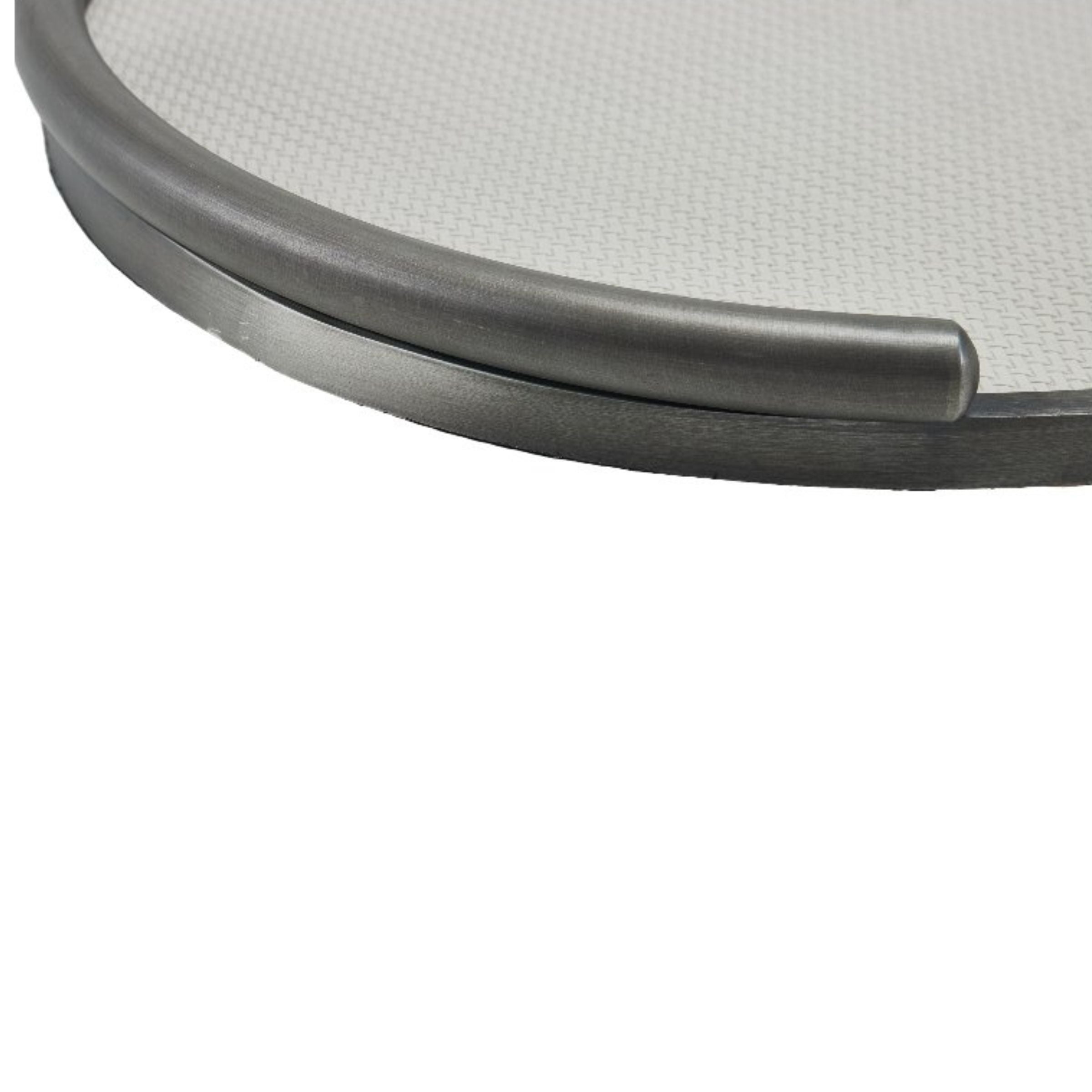 LIGHT GREY & BRUSHED METAL ROUND LEATHER TRAY DD210942A -  Trays | صينية جلدية مستديرة معدنية مصقولة باللون الرمادي الفاتح - ebarza Furniture UAE | Shop Modern Furniture in Abu Dhabi & Dubai - مفروشات ايبازرا في الامارات | تسوق اثاث عصري وديكورات مميزة في دبي وابوظبي