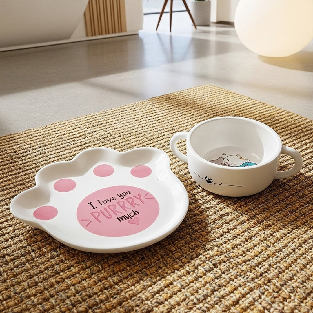 Karaca Cat Plate Bowl Food Set 153.03.05.0290 -  Bowls - ebarza Furniture UAE | Shop Modern Furniture in Abu Dhabi & Dubai - مفروشات ايبازرا في الامارات | تسوق اثاث عصري وديكورات مميزة في دبي وابوظبي