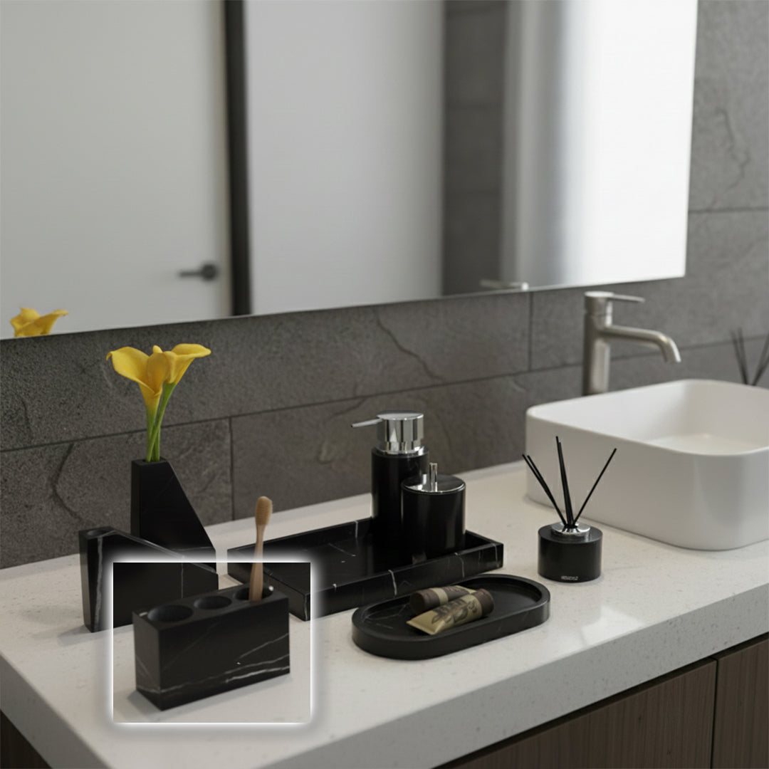 Marquina Black And White Checkered Marble Toothbrush Holder THE890 -  Bathroom Accessories - ebarza Furniture UAE | Shop Modern Furniture in Abu Dhabi & Dubai - مفروشات ايبازرا في الامارات | تسوق اثاث عصري وديكورات مميزة في دبي وابوظبي