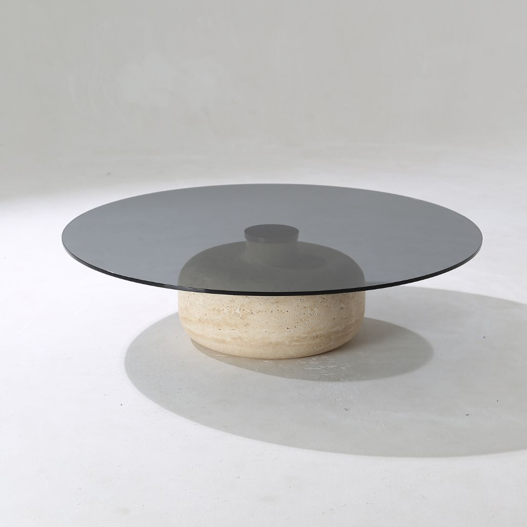 Minimal Grey Glass & Travatine Marble Round Coffee Table CT8683-SG-NEW -  Coffee tables - ebarza Furniture UAE | Shop Modern Furniture in Abu Dhabi & Dubai - مفروشات ايبازرا في الامارات | تسوق اثاث عصري وديكورات مميزة في دبي وابوظبي