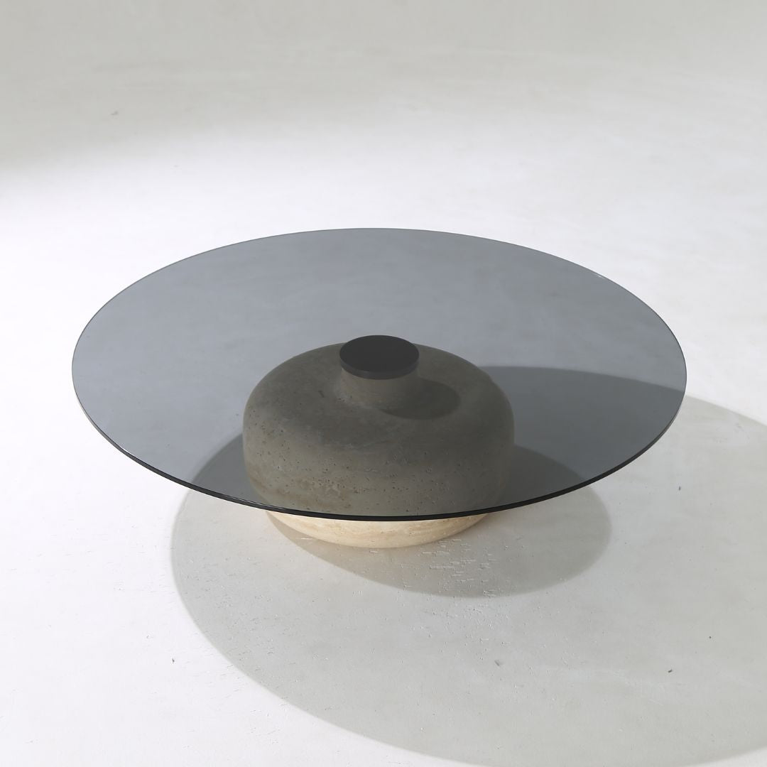 Minimal Grey Glass & Travatine Marble Round Coffee Table CT8683-SG-NEW -  Coffee tables - ebarza Furniture UAE | Shop Modern Furniture in Abu Dhabi & Dubai - مفروشات ايبازرا في الامارات | تسوق اثاث عصري وديكورات مميزة في دبي وابوظبي