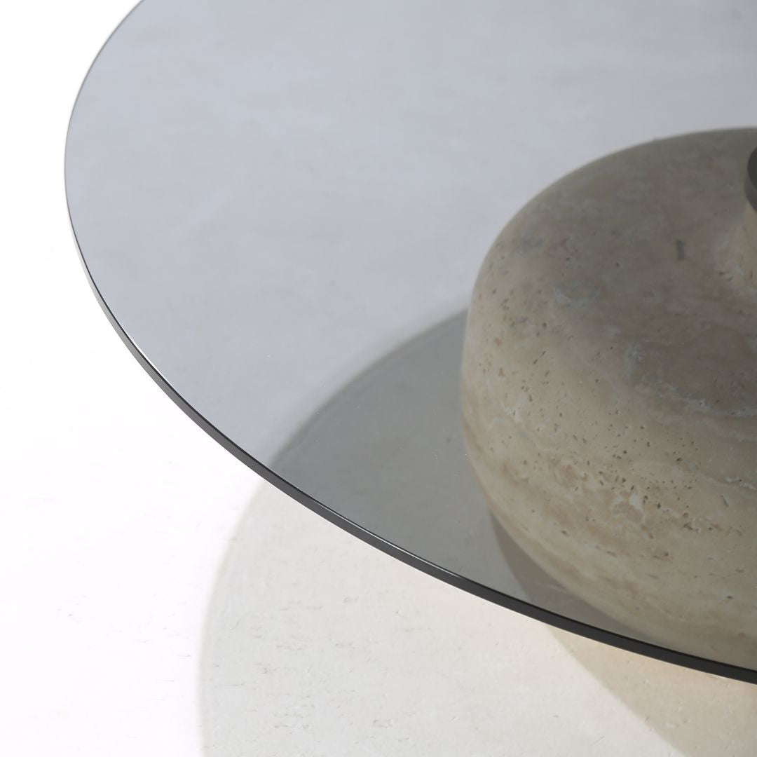 Minimal Grey Glass & Travatine Marble Round Coffee Table CT8683-SG-NEW -  Coffee tables - ebarza Furniture UAE | Shop Modern Furniture in Abu Dhabi & Dubai - مفروشات ايبازرا في الامارات | تسوق اثاث عصري وديكورات مميزة في دبي وابوظبي