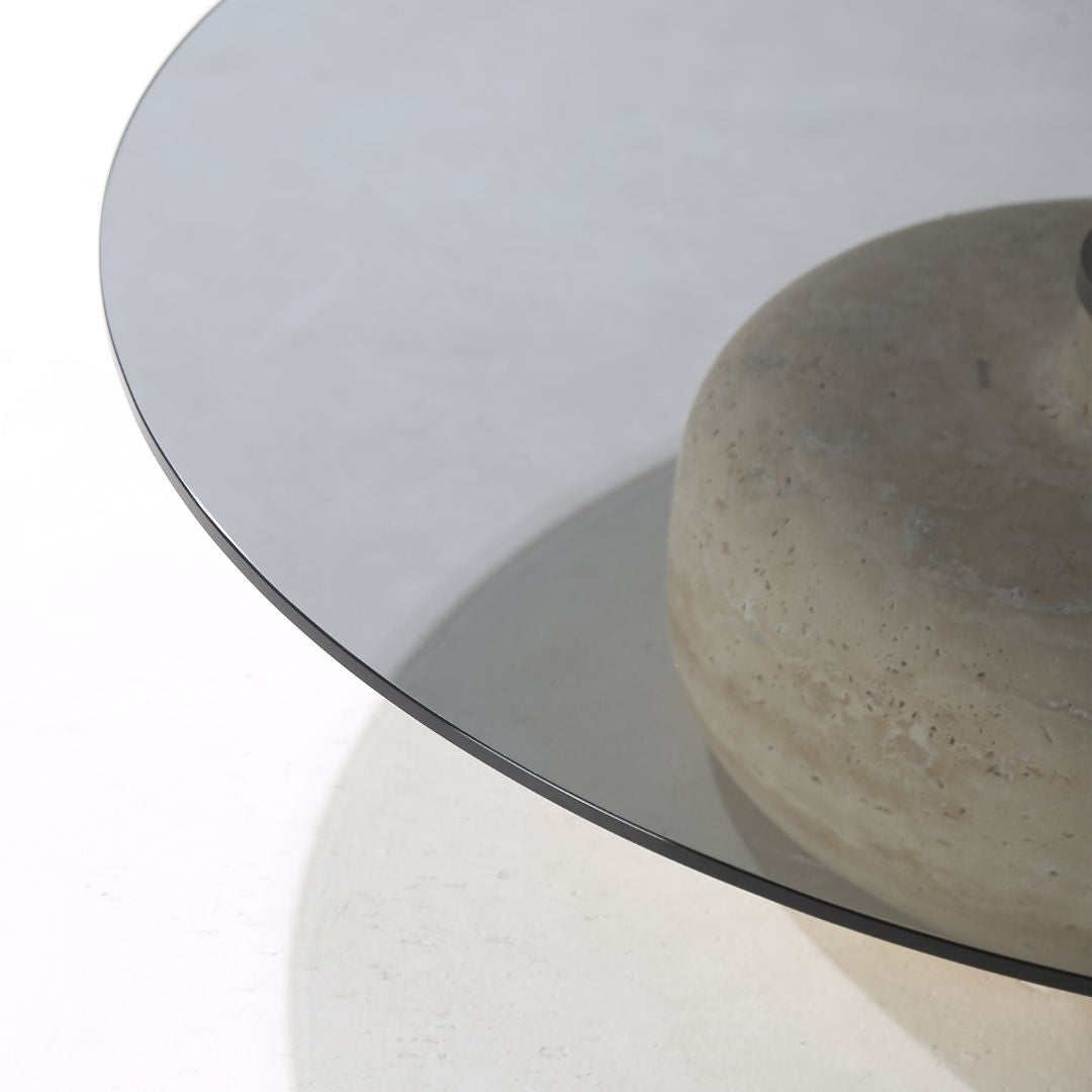 Minimal Grey Glass & Travatine Marble Round Coffee Table CT8683-SG-NEW -  Coffee tables - ebarza Furniture UAE | Shop Modern Furniture in Abu Dhabi & Dubai - مفروشات ايبازرا في الامارات | تسوق اثاث عصري وديكورات مميزة في دبي وابوظبي