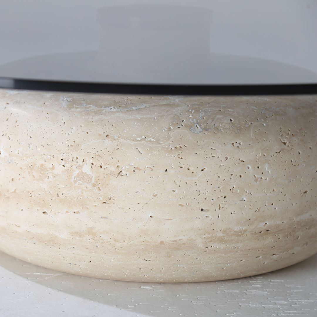 Minimal Grey Glass & Travatine Marble Round Coffee Table CT8683-SG-NEW -  Coffee tables - ebarza Furniture UAE | Shop Modern Furniture in Abu Dhabi & Dubai - مفروشات ايبازرا في الامارات | تسوق اثاث عصري وديكورات مميزة في دبي وابوظبي
