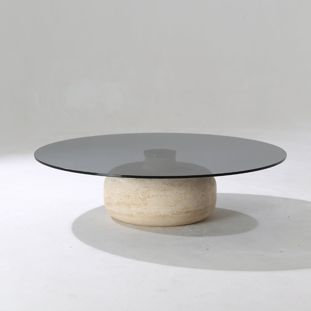 Minimal Grey Glass & Travatine Marble Round Coffee Table CT8683-SG-NEW -  Coffee tables - ebarza Furniture UAE | Shop Modern Furniture in Abu Dhabi & Dubai - مفروشات ايبازرا في الامارات | تسوق اثاث عصري وديكورات مميزة في دبي وابوظبي