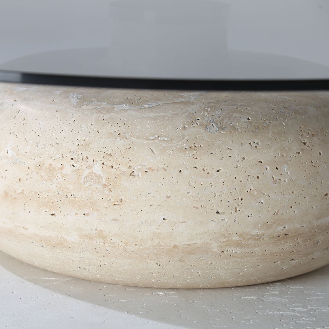 Minimal Grey Glass & Travatine Marble Round Coffee Table CT8683-SG-NEW -  Coffee tables - ebarza Furniture UAE | Shop Modern Furniture in Abu Dhabi & Dubai - مفروشات ايبازرا في الامارات | تسوق اثاث عصري وديكورات مميزة في دبي وابوظبي