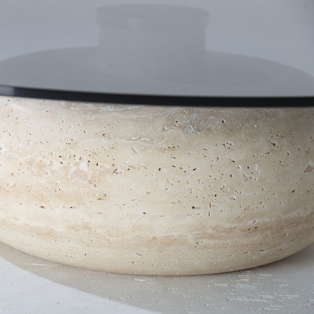 Minimal Grey Glass & Travatine Marble Round Coffee Table CT8683-SG-NEW -  Coffee tables - ebarza Furniture UAE | Shop Modern Furniture in Abu Dhabi & Dubai - مفروشات ايبازرا في الامارات | تسوق اثاث عصري وديكورات مميزة في دبي وابوظبي