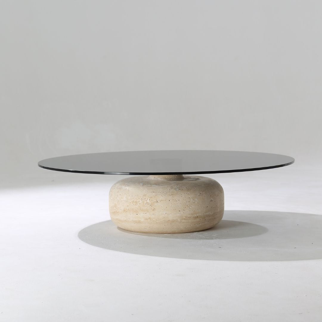 Minimal Grey Glass & Travatine Marble Round Coffee Table CT8683-SG-NEW -  Coffee tables - ebarza Furniture UAE | Shop Modern Furniture in Abu Dhabi & Dubai - مفروشات ايبازرا في الامارات | تسوق اثاث عصري وديكورات مميزة في دبي وابوظبي