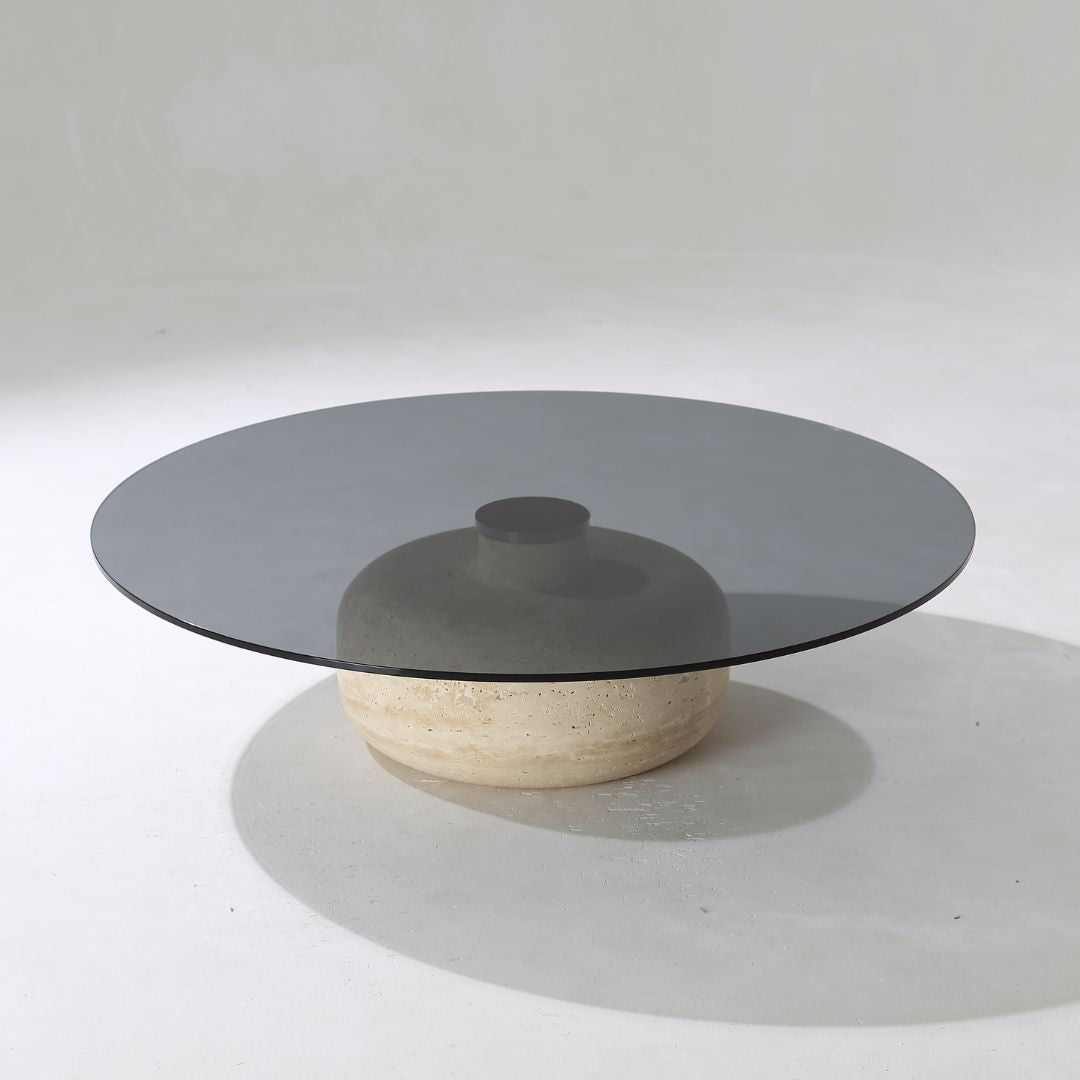 Minimal Grey Glass & Travatine Marble Round Coffee Table CT8683-SG-NEW -  Coffee tables - ebarza Furniture UAE | Shop Modern Furniture in Abu Dhabi & Dubai - مفروشات ايبازرا في الامارات | تسوق اثاث عصري وديكورات مميزة في دبي وابوظبي