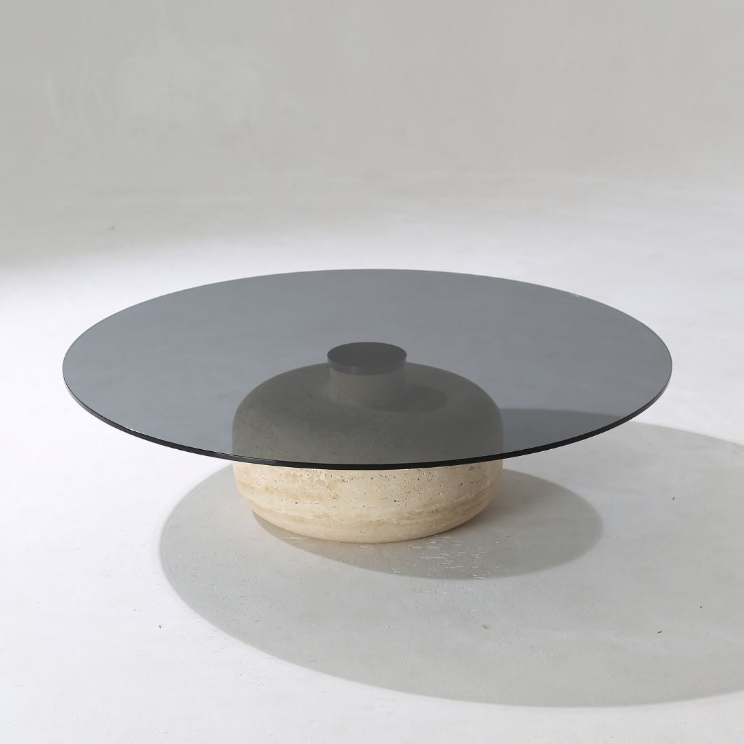 Minimal Grey Glass & Travatine Marble Round Coffee Table CT8683-SG-NEW -  Coffee tables - ebarza Furniture UAE | Shop Modern Furniture in Abu Dhabi & Dubai - مفروشات ايبازرا في الامارات | تسوق اثاث عصري وديكورات مميزة في دبي وابوظبي