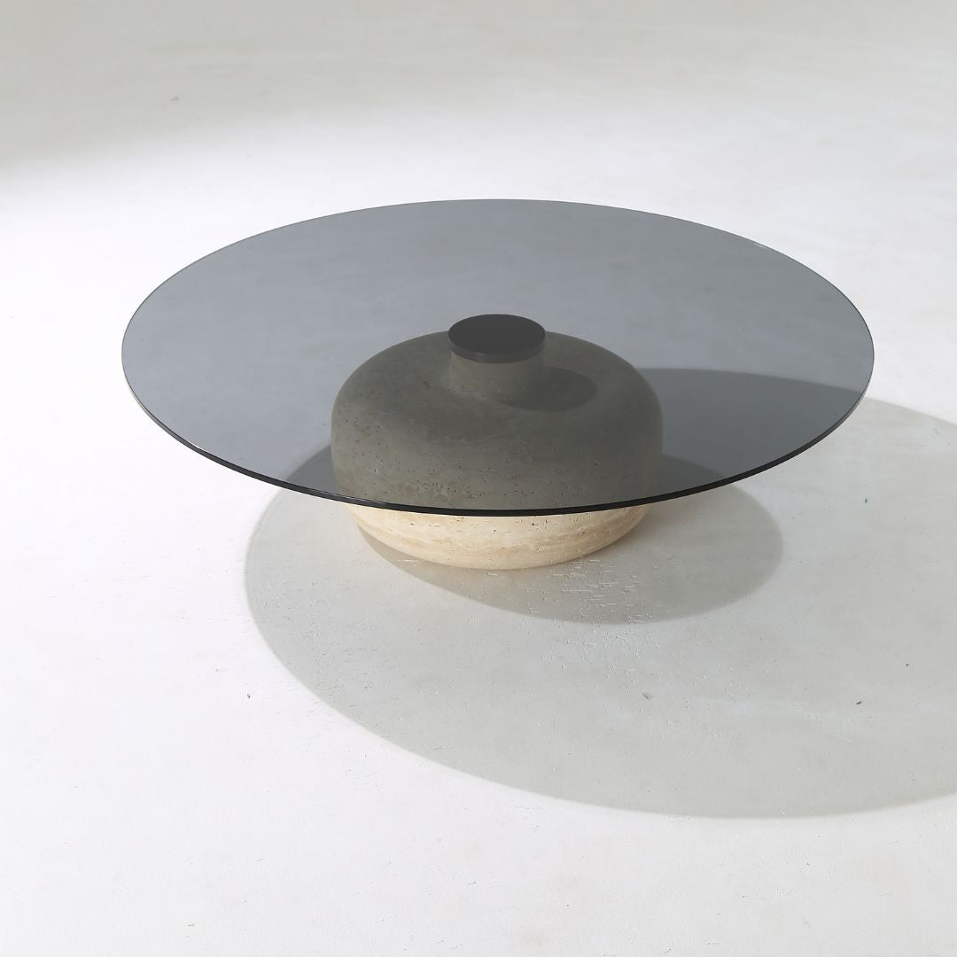 Minimal Grey Glass & Travatine Marble Round Coffee Table CT8683-SG-NEW -  Coffee tables - ebarza Furniture UAE | Shop Modern Furniture in Abu Dhabi & Dubai - مفروشات ايبازرا في الامارات | تسوق اثاث عصري وديكورات مميزة في دبي وابوظبي