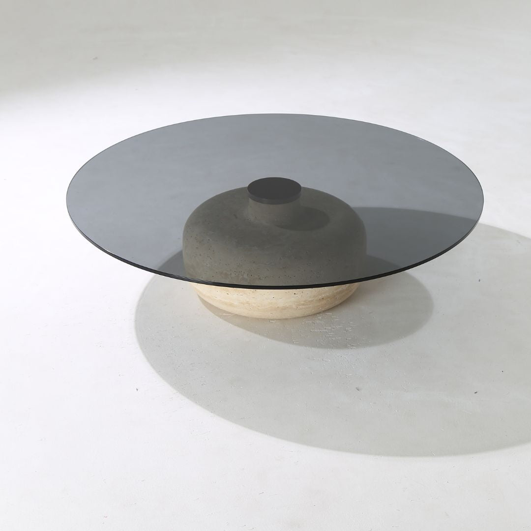 Minimal Grey Glass & Travatine Marble Round Coffee Table CT8683-SG-NEW -  Coffee tables - ebarza Furniture UAE | Shop Modern Furniture in Abu Dhabi & Dubai - مفروشات ايبازرا في الامارات | تسوق اثاث عصري وديكورات مميزة في دبي وابوظبي