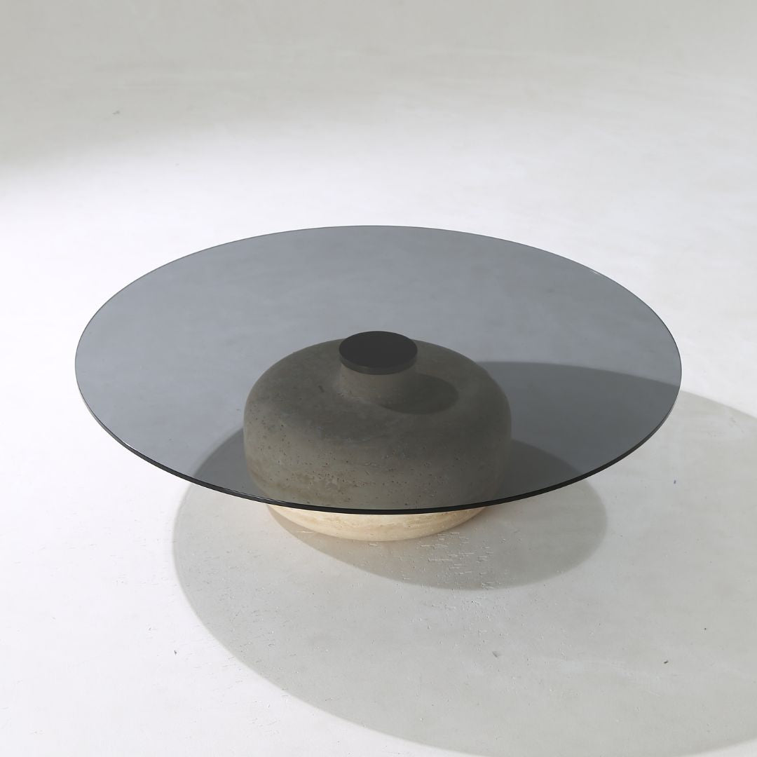 Minimal Grey Glass & Travatine Marble Round Coffee Table CT8683-SG-NEW -  Coffee tables - ebarza Furniture UAE | Shop Modern Furniture in Abu Dhabi & Dubai - مفروشات ايبازرا في الامارات | تسوق اثاث عصري وديكورات مميزة في دبي وابوظبي