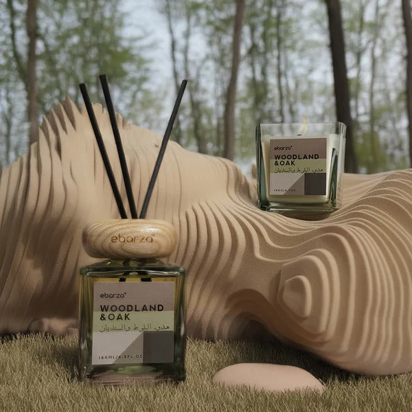 WOODLAND & OAK Bundle - Stylish Scented Candle (190g) & Sticks Diffuser (180ml) | Ebarza Vibes