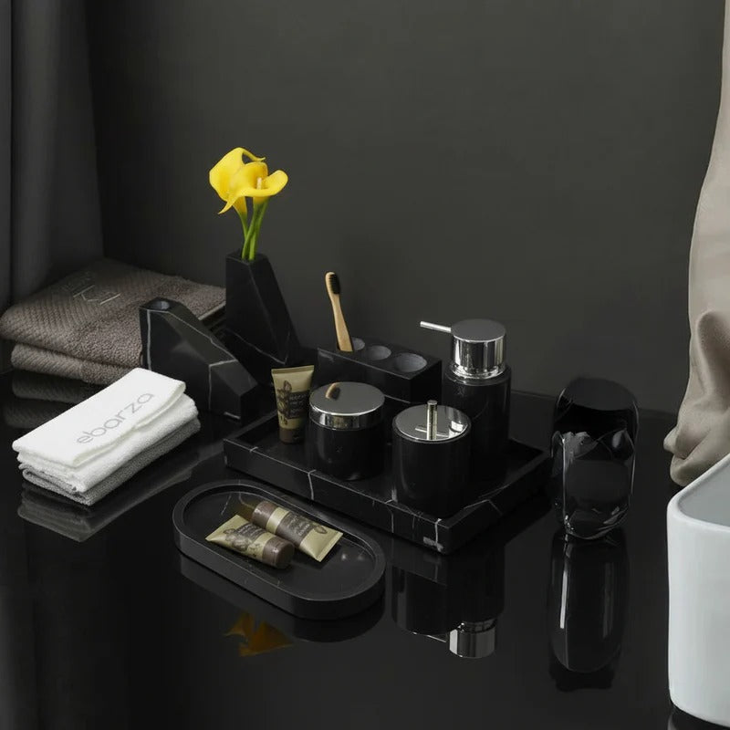 8 Pieces Marquina Black And White Checkered Marble EbarzaBathroom Set - MBWC -  Bathroom Accessories - ebarza Furniture UAE | Shop Modern Furniture in Abu Dhabi & Dubai - مفروشات ايبازرا في الامارات | تسوق اثاث عصري وديكورات مميزة في دبي وابوظبي