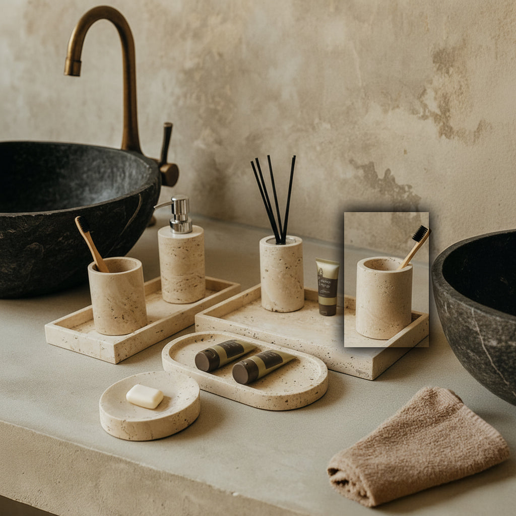 Yellow Travertine Round Cup CBJ833-6  Cup -  Bathroom Accessories - ebarza Furniture UAE | Shop Modern Furniture in Abu Dhabi & Dubai - مفروشات ايبازرا في الامارات | تسوق اثاث عصري وديكورات مميزة في دبي وابوظبي