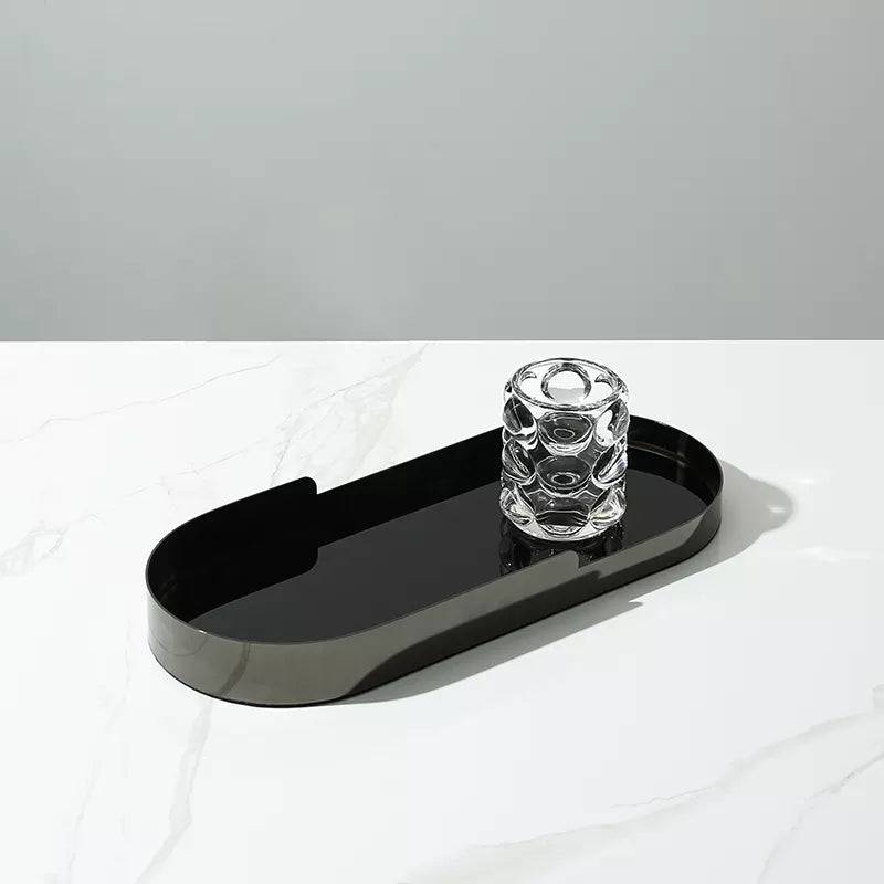 Black Glass Tray With Silver Metal Detail - Oval Fc-W22007 -  Trays | صينية زجاجية سوداء مع تفاصيل معدنية فضية - بيضاوية - ebarza Furniture UAE | Shop Modern Furniture in Abu Dhabi & Dubai - مفروشات ايبازرا في الامارات | تسوق اثاث عصري وديكورات مميزة في دبي وابوظبي