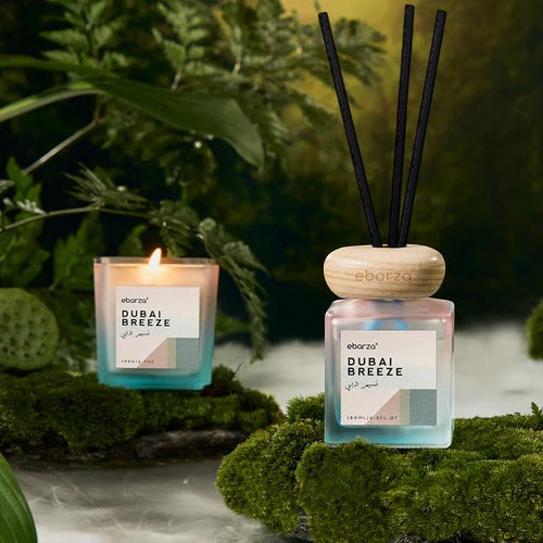 Dubai Breeze Bundle - Stylish Scented Candle (190g) & Sticks Diffuser (180ml) | Ebarza Vibes -  Stick Diffusers - ebarza Furniture UAE | Shop Modern Furniture in Abu Dhabi & Dubai - مفروشات ايبازرا في الامارات | تسوق اثاث عصري وديكورات مميزة في دبي وابوظبي