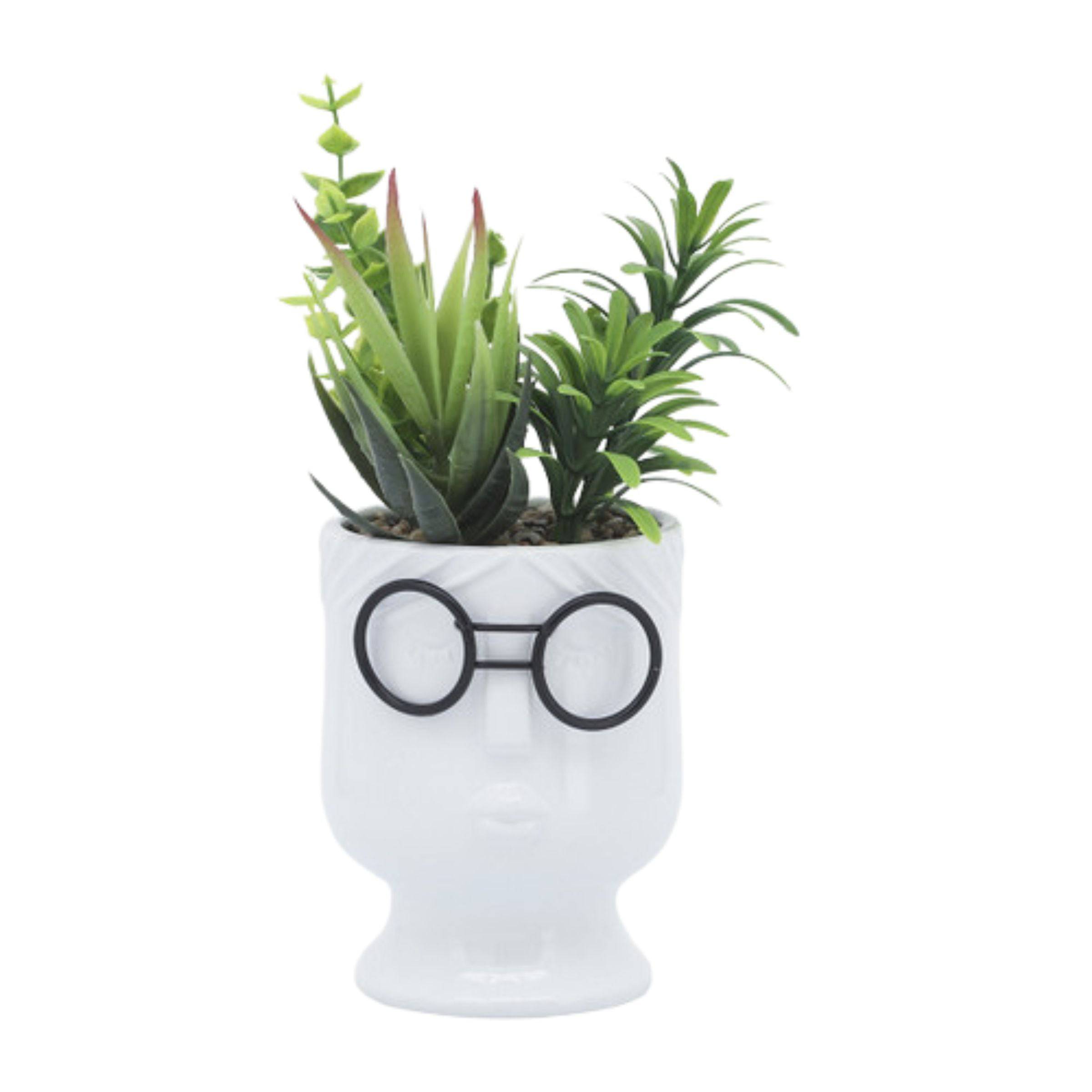 Face Ceramic Planter With Artificial Plants 10 Cm - White 16971-01 -  Planter Boxes | زارع سيراميك وجه مع نباتات صناعية 10 سم - أبيض - ebarza Furniture UAE | Shop Modern Furniture in Abu Dhabi & Dubai - مفروشات ايبازرا في الامارات | تسوق اثاث عصري وديكورات مميزة في دبي وابوظبي