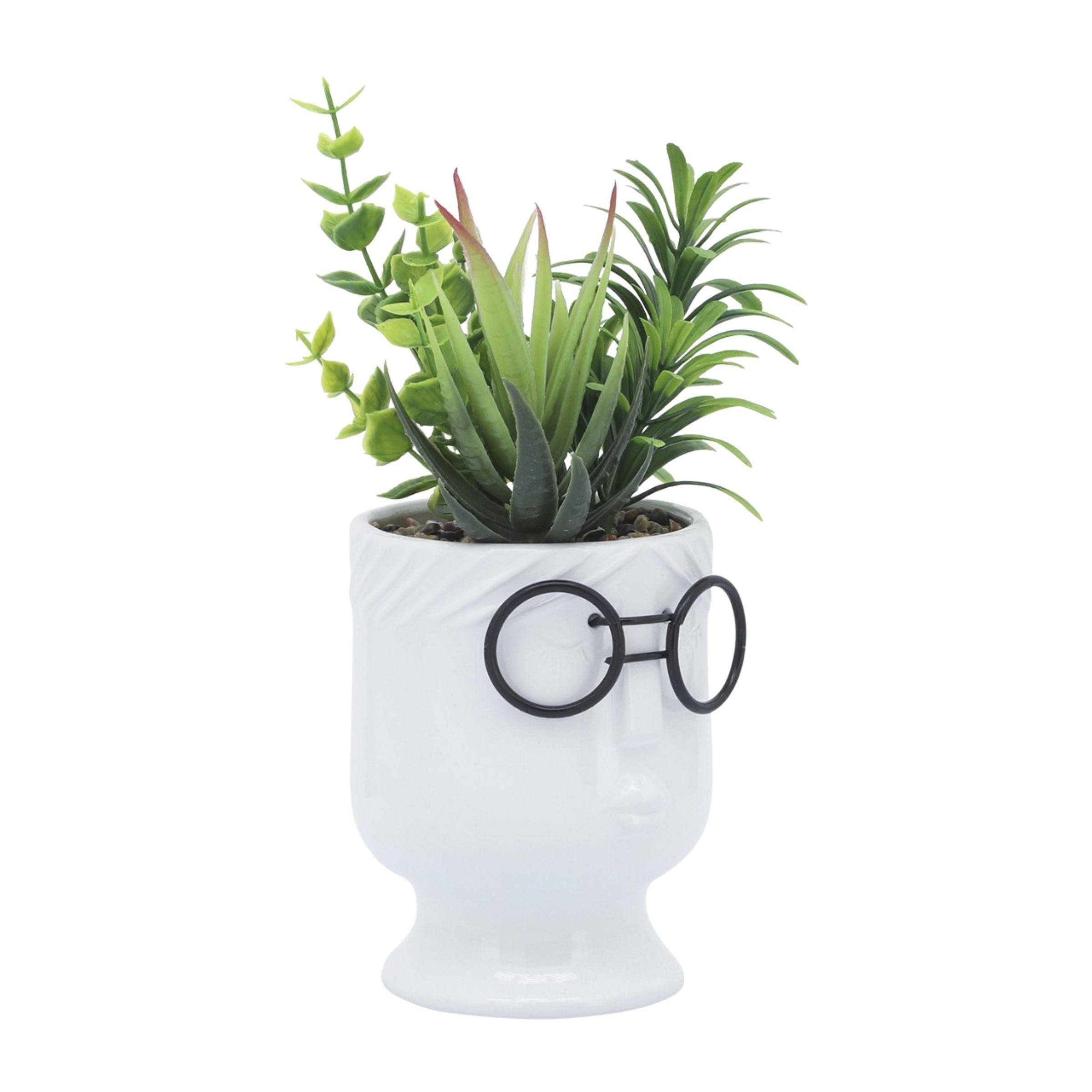 Face Ceramic Planter With Artificial Plants 10 Cm - White 16971-01 -  Planter Boxes | زارع سيراميك وجه مع نباتات صناعية 10 سم - أبيض - ebarza Furniture UAE | Shop Modern Furniture in Abu Dhabi & Dubai - مفروشات ايبازرا في الامارات | تسوق اثاث عصري وديكورات مميزة في دبي وابوظبي