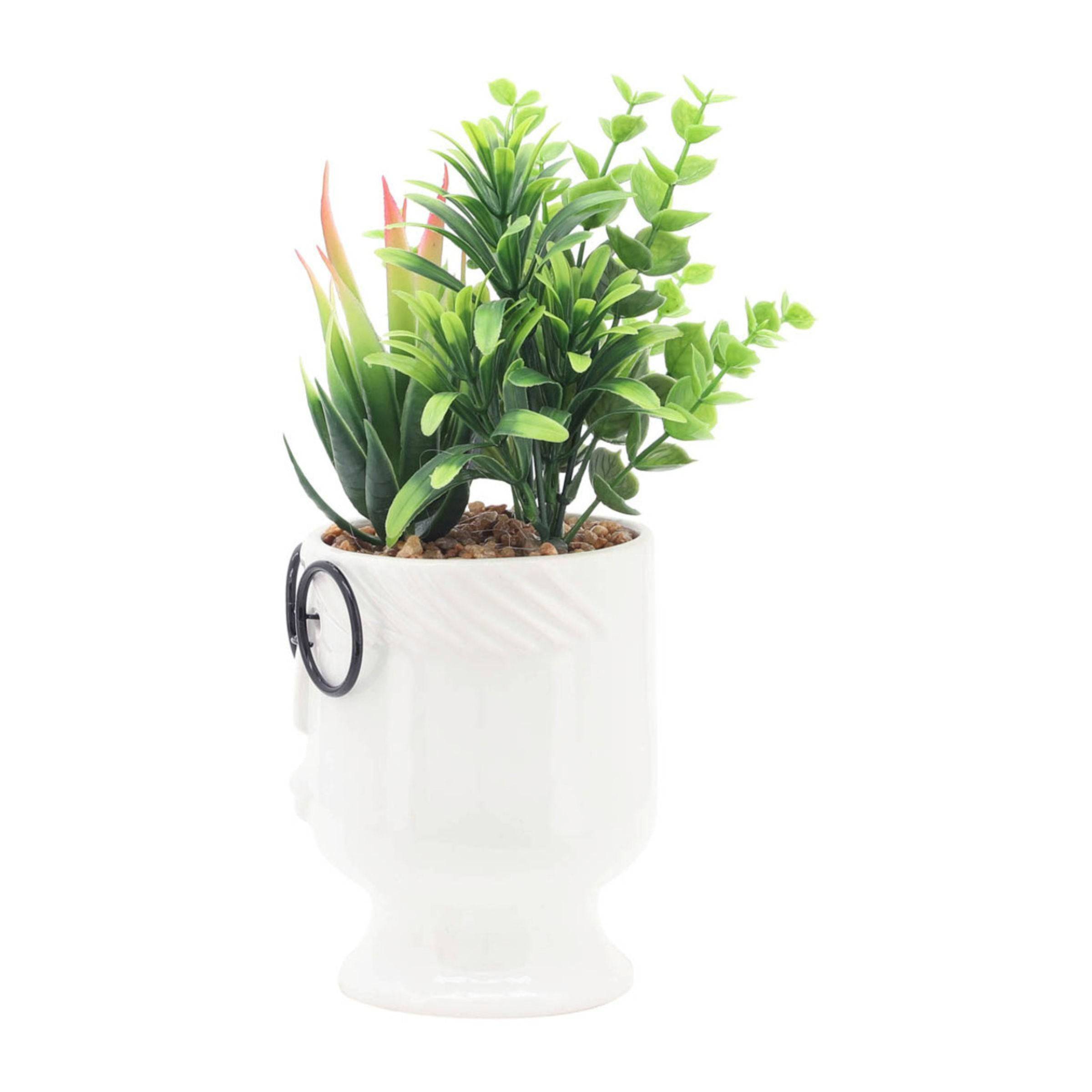 Face Ceramic Planter With Artificial Plants 10 Cm - White 16971-01 -  Planter Boxes | زارع سيراميك وجه مع نباتات صناعية 10 سم - أبيض - ebarza Furniture UAE | Shop Modern Furniture in Abu Dhabi & Dubai - مفروشات ايبازرا في الامارات | تسوق اثاث عصري وديكورات مميزة في دبي وابوظبي