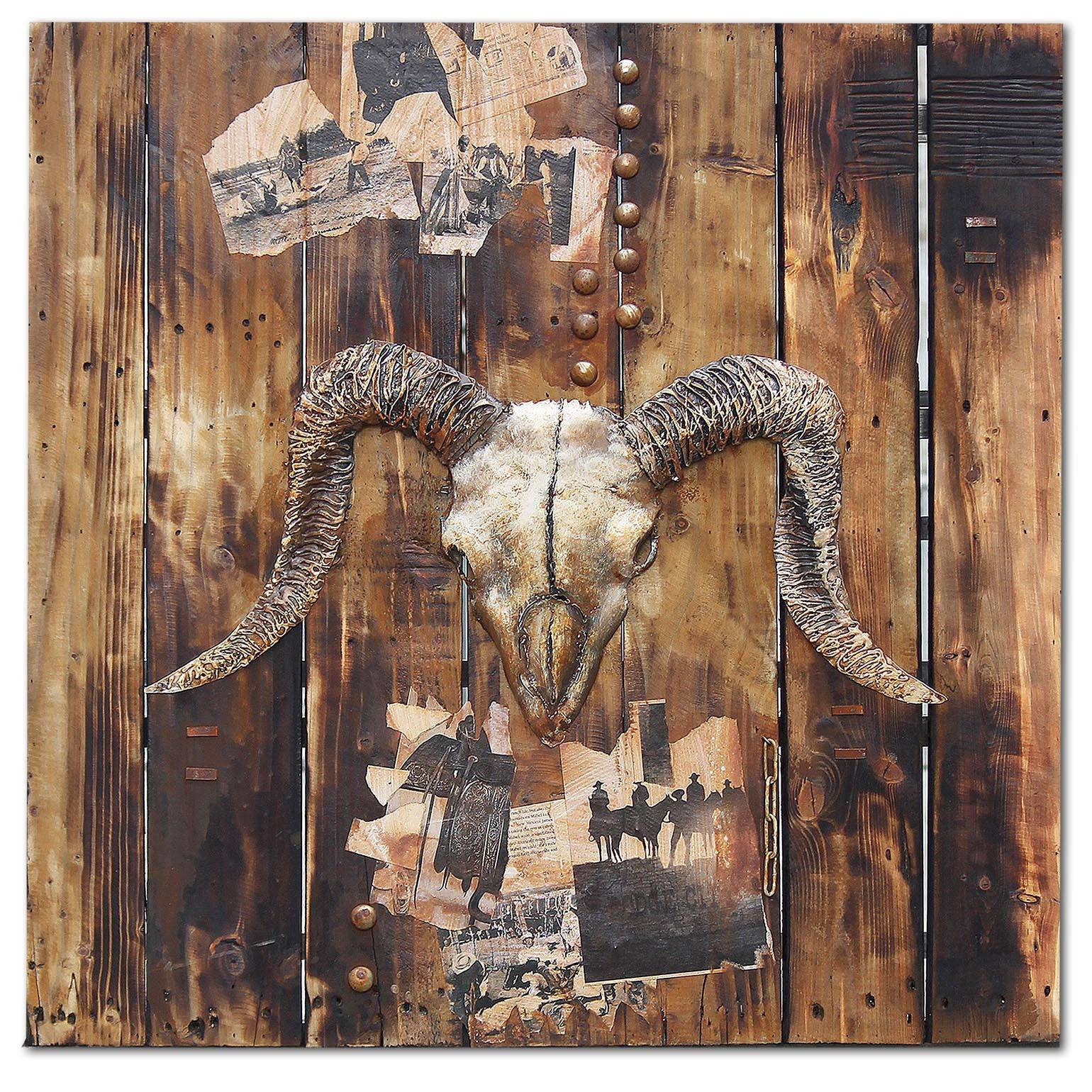 Goat Skull Handcrafted  Metal And Wood Art Painting 100X100 Cm Soap026 -  Paintings - ebarza Furniture UAE | Shop Modern Furniture in Abu Dhabi & Dubai - مفروشات ايبازرا في الامارات | تسوق اثاث عصري وديكورات مميزة في دبي وابوظبي