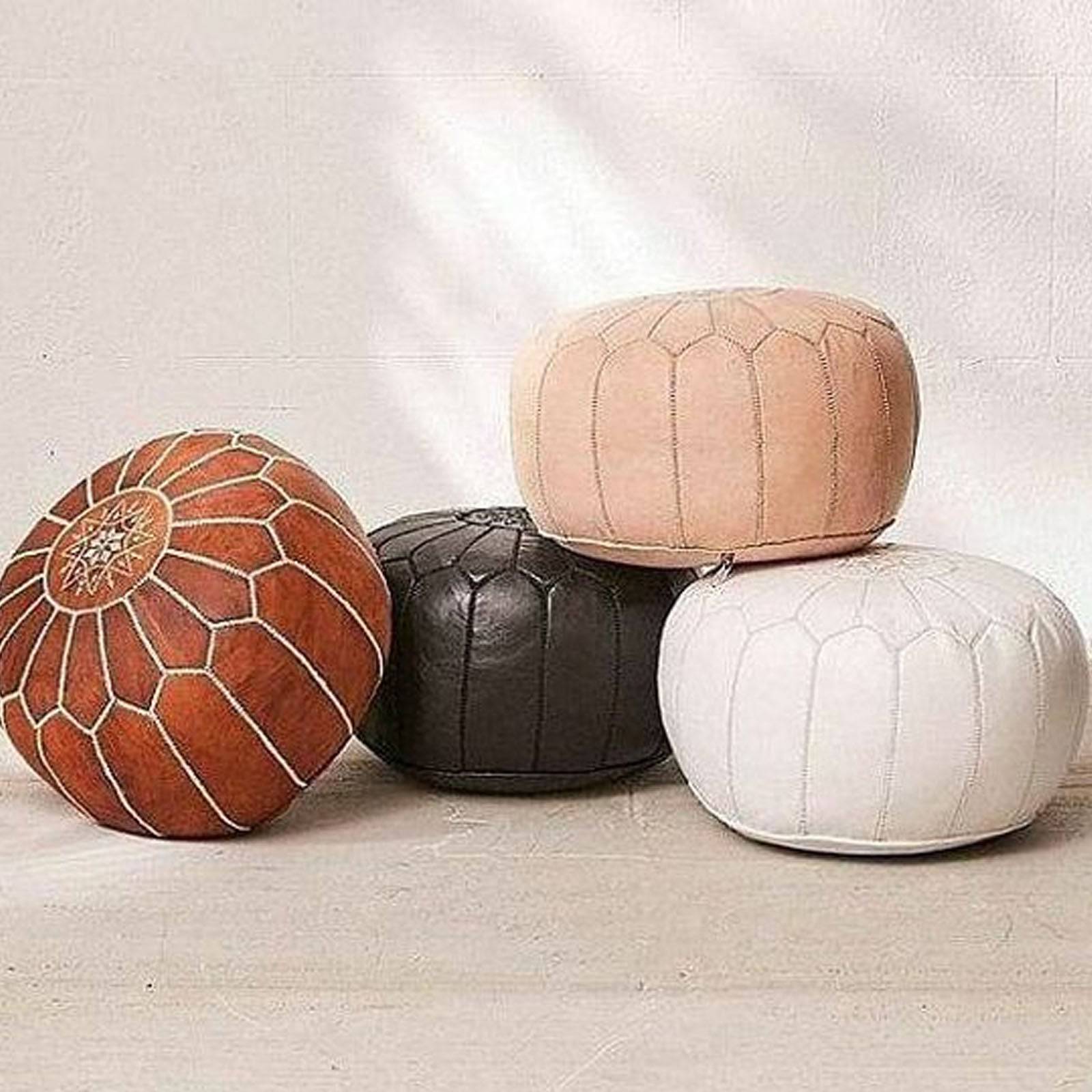 Handmade Genuine Leather Moroccan Style Pouf Morocco-White -  Poufs | بوف جلد طبيعي مصنوع يدويًا على الطراز المغربي - ebarza Furniture UAE | Shop Modern Furniture in Abu Dhabi & Dubai - مفروشات ايبازرا في الامارات | تسوق اثاث عصري وديكورات مميزة في دبي وابوظبي