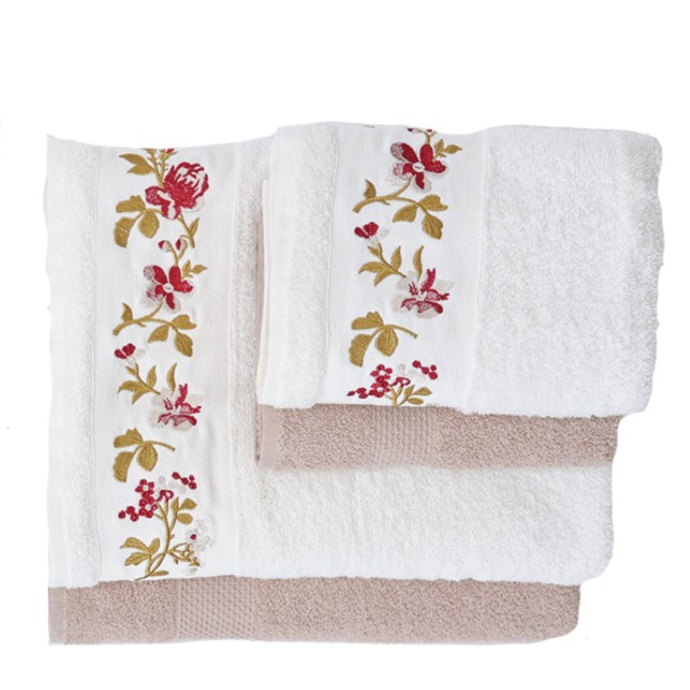Karaca Home 100% Cotton Turkish Bath Set with Red Beige Embroidery 200.20.01.0720 -  Towels - ebarza Furniture UAE | Shop Modern Furniture in Abu Dhabi & Dubai - مفروشات ايبازرا في الامارات | تسوق اثاث عصري وديكورات مميزة في دبي وابوظبي