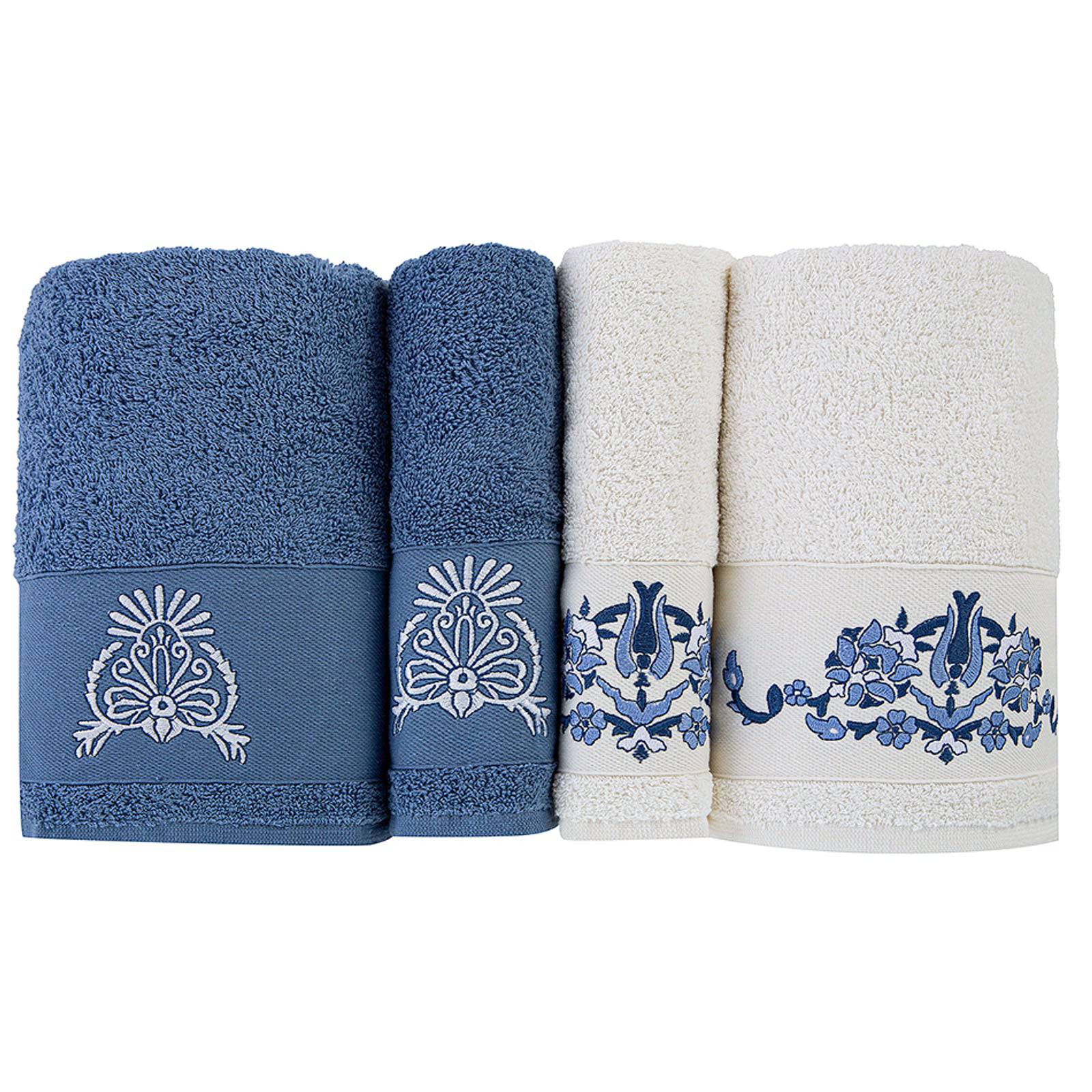 Karaca Home Levni Blue White Family Turkish Bath Set 200.15.01.0114 -  Towels - ebarza Furniture UAE | Shop Modern Furniture in Abu Dhabi & Dubai - مفروشات ايبازرا في الامارات | تسوق اثاث عصري وديكورات مميزة في دبي وابوظبي