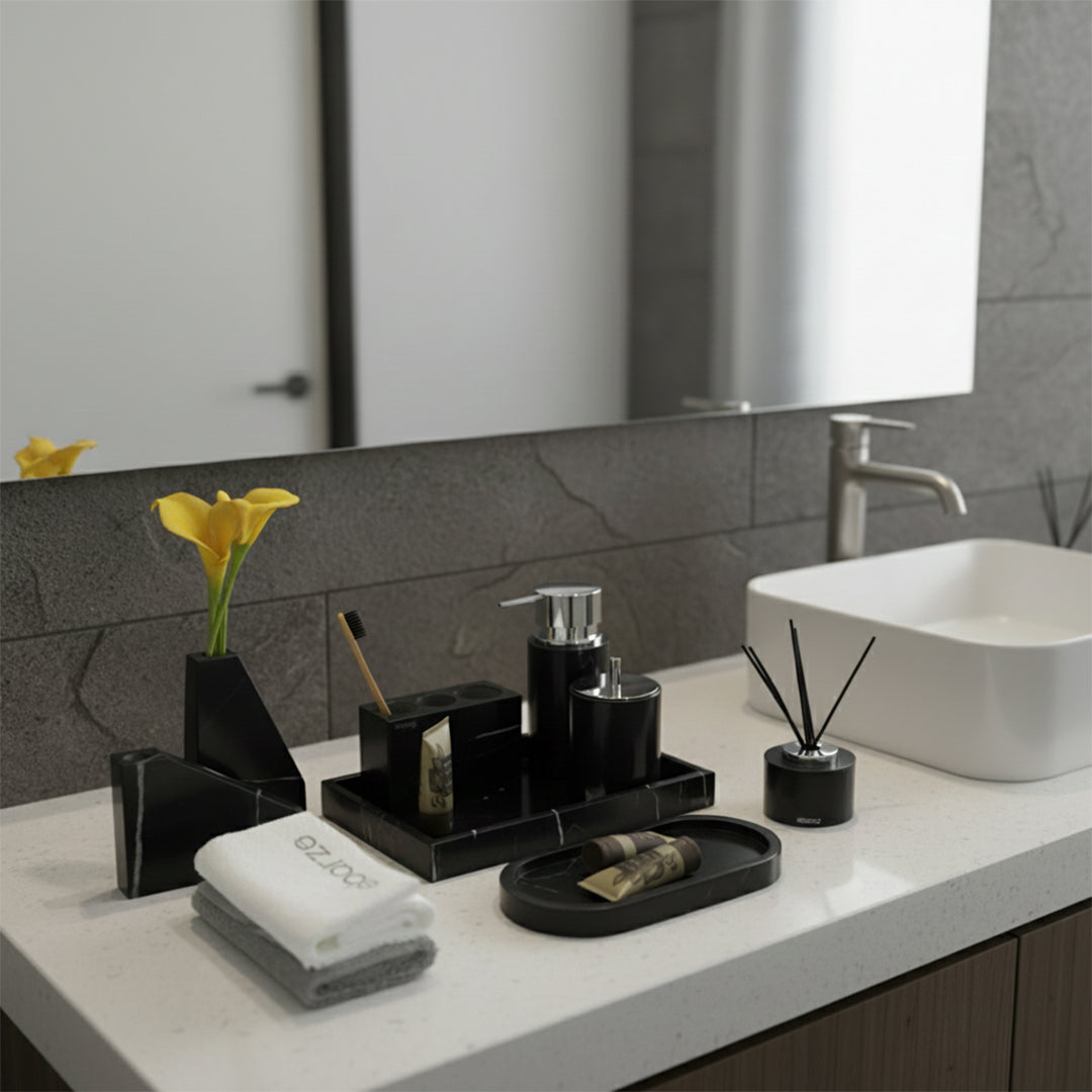 Marquina Black And White Marble Round Cotton Swab Jar With Silver Lid CBJ890-6 -  Bathroom Accessories - ebarza Furniture UAE | Shop Modern Furniture in Abu Dhabi & Dubai - مفروشات ايبازرا في الامارات | تسوق اثاث عصري وديكورات مميزة في دبي وابوظبي