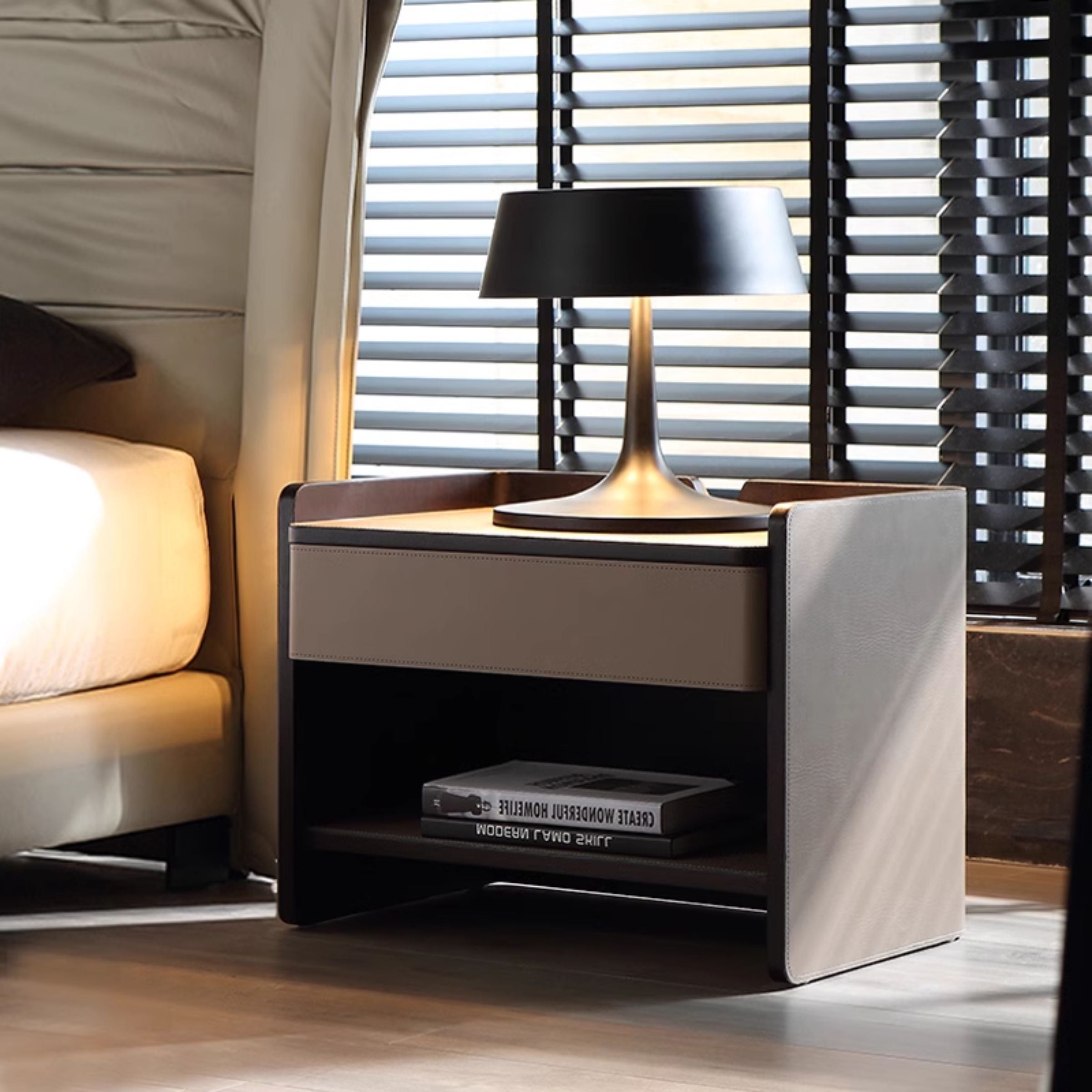 Pre-order 35 Days Delivery Mycroft Saddle Leather Bedside Table MLL-T37 Khaki -  Side Tables - ebarza Furniture UAE | Shop Modern Furniture in Abu Dhabi & Dubai - مفروشات ايبازرا في الامارات | تسوق اثاث عصري وديكورات مميزة في دبي وابوظبي