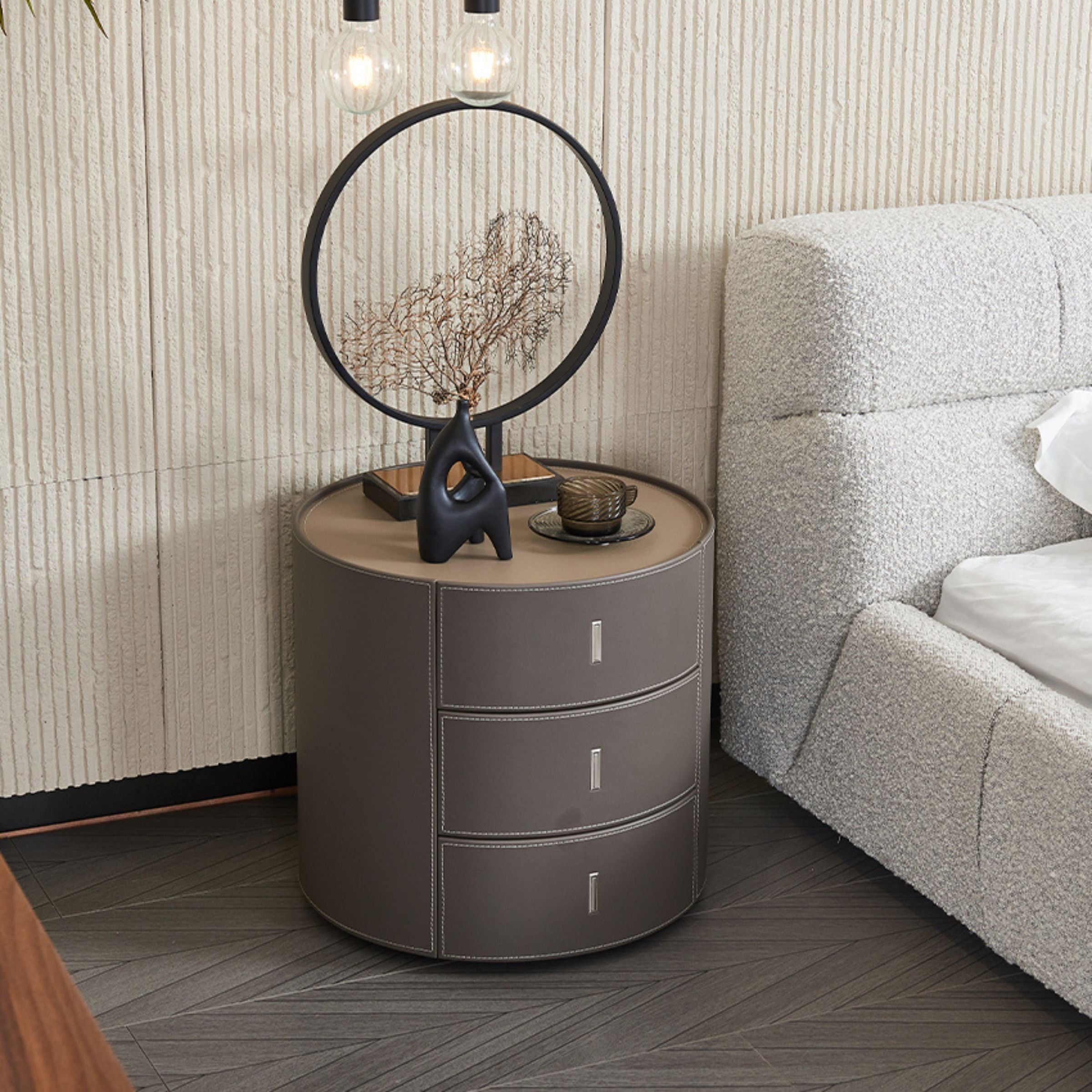 Pre-order 35 Days Delivery - Verona Grey Walnut Veneer Saddle Leather Cabinet MLL-T98 -  Side Tables - ebarza Furniture UAE | Shop Modern Furniture in Abu Dhabi & Dubai - مفروشات ايبازرا في الامارات | تسوق اثاث عصري وديكورات مميزة في دبي وابوظبي