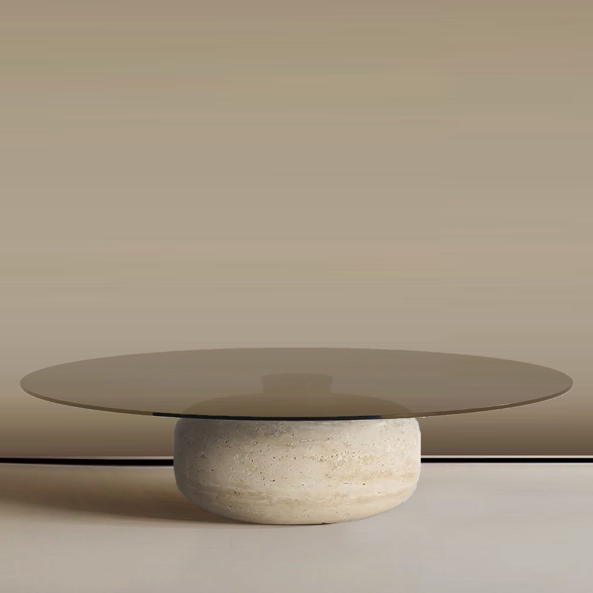 Minimal Grey Glass & Travatine Marble Round Coffee Table CT8683-SG-NEW -  Coffee tables - ebarza Furniture UAE | Shop Modern Furniture in Abu Dhabi & Dubai - مفروشات ايبازرا في الامارات | تسوق اثاث عصري وديكورات مميزة في دبي وابوظبي