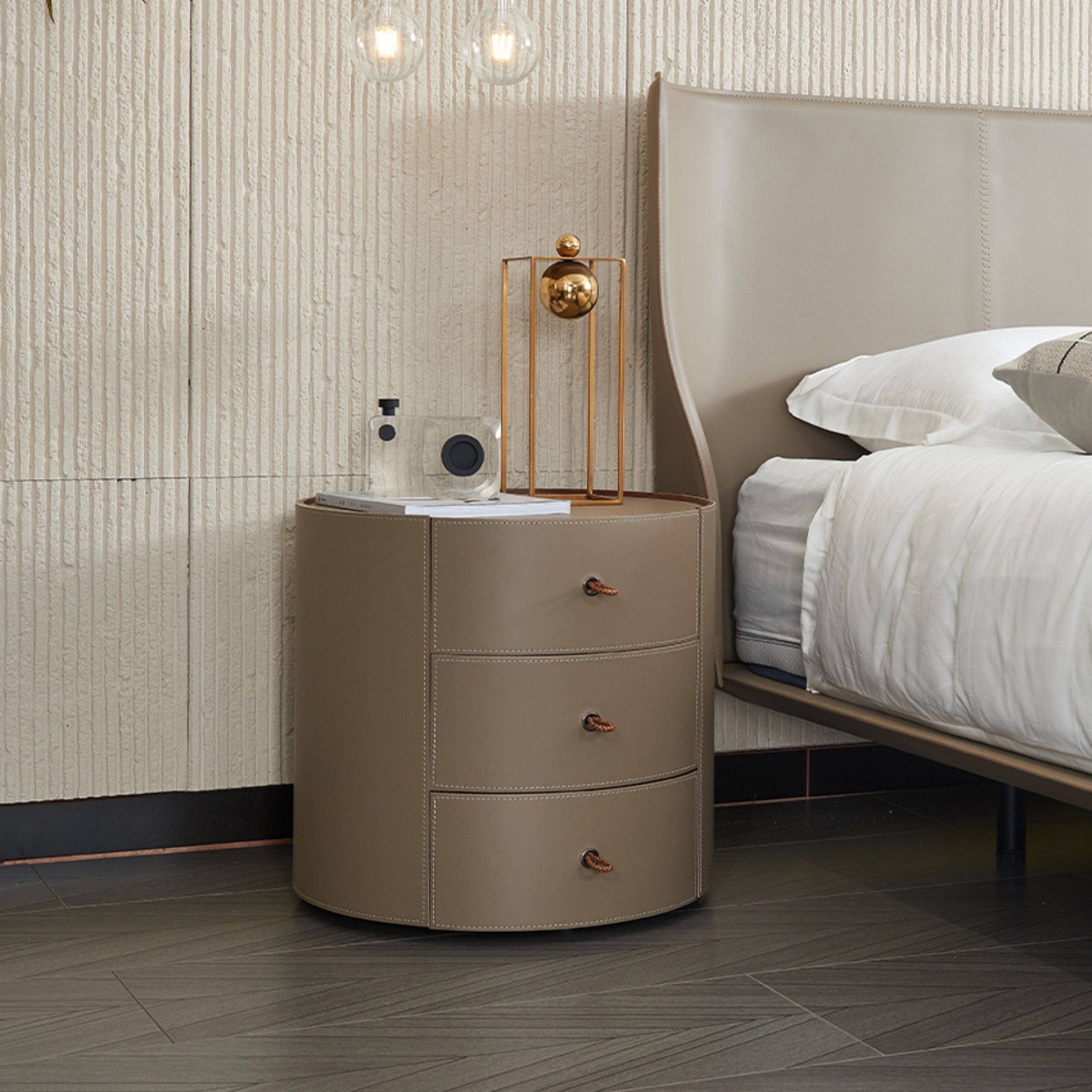Verona Beige Walnut Veneer Saddle Leather  Side Table/Cabinet MLL-T38 -  Bedside Tables - ebarza Furniture UAE | Shop Modern Furniture in Abu Dhabi & Dubai - مفروشات ايبازرا في الامارات | تسوق اثاث عصري وديكورات مميزة في دبي وابوظبي
