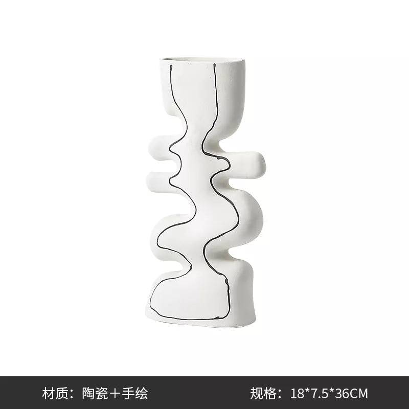 Pre-order 75 Days Delivery - White Ceramic Vase With Black Hand Painted Detail-B Fa-D22097B -  Vases | اطلب مسبقًا التسليم خلال 90 يومًا - مزهرية سيراميك 37 سم - شامبين - ebarza Furniture UAE | Shop Modern Furniture in Abu Dhabi & Dubai - مفروشات ايبازرا في الامارات | تسوق اثاث عصري وديكورات مميزة في دبي وابوظبي