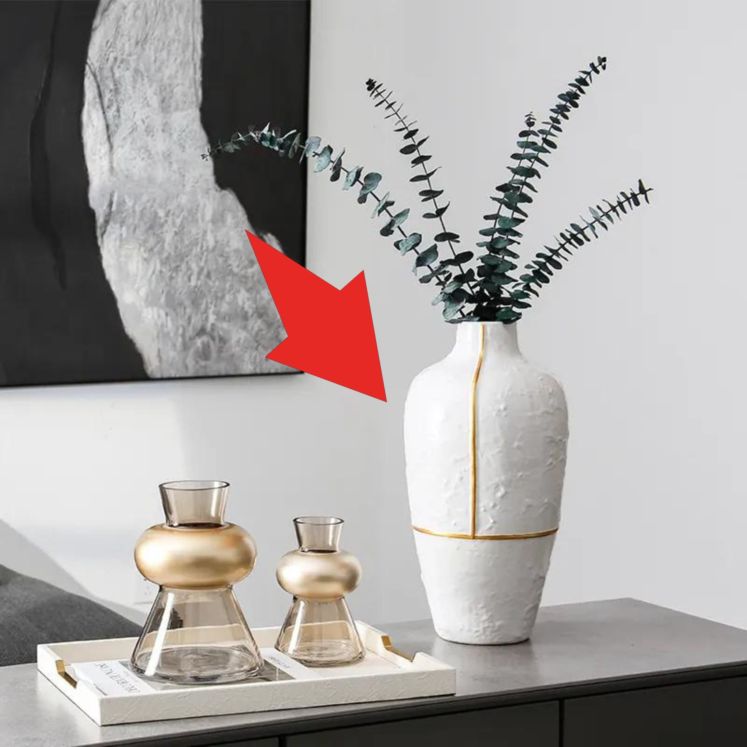 White Vase With Gold Thread-A Fa-D1954A -  Vases - ebarza Furniture UAE | Shop Modern Furniture in Abu Dhabi & Dubai - مفروشات ايبازرا في الامارات | تسوق اثاث عصري وديكورات مميزة في دبي وابوظبي