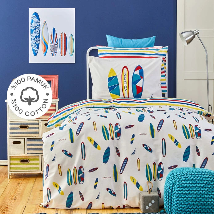 Karaca Nautica Home Kids Surfing 100% Cotton Single Duvet Cover Set 180.01.01.0517 -  Bedding | كاراجا نوتيكا المنزل طقم غطاء لحاف فردي من القطن بنسبة 100٪ لركوب الأمواج للأطفال - ebarza Furniture UAE | Shop Modern Furniture in Abu Dhabi & Dubai - مفروشات ايبازرا في الامارات | تسوق اثاث عصري وديكورات مميزة في دبي وابوظبي