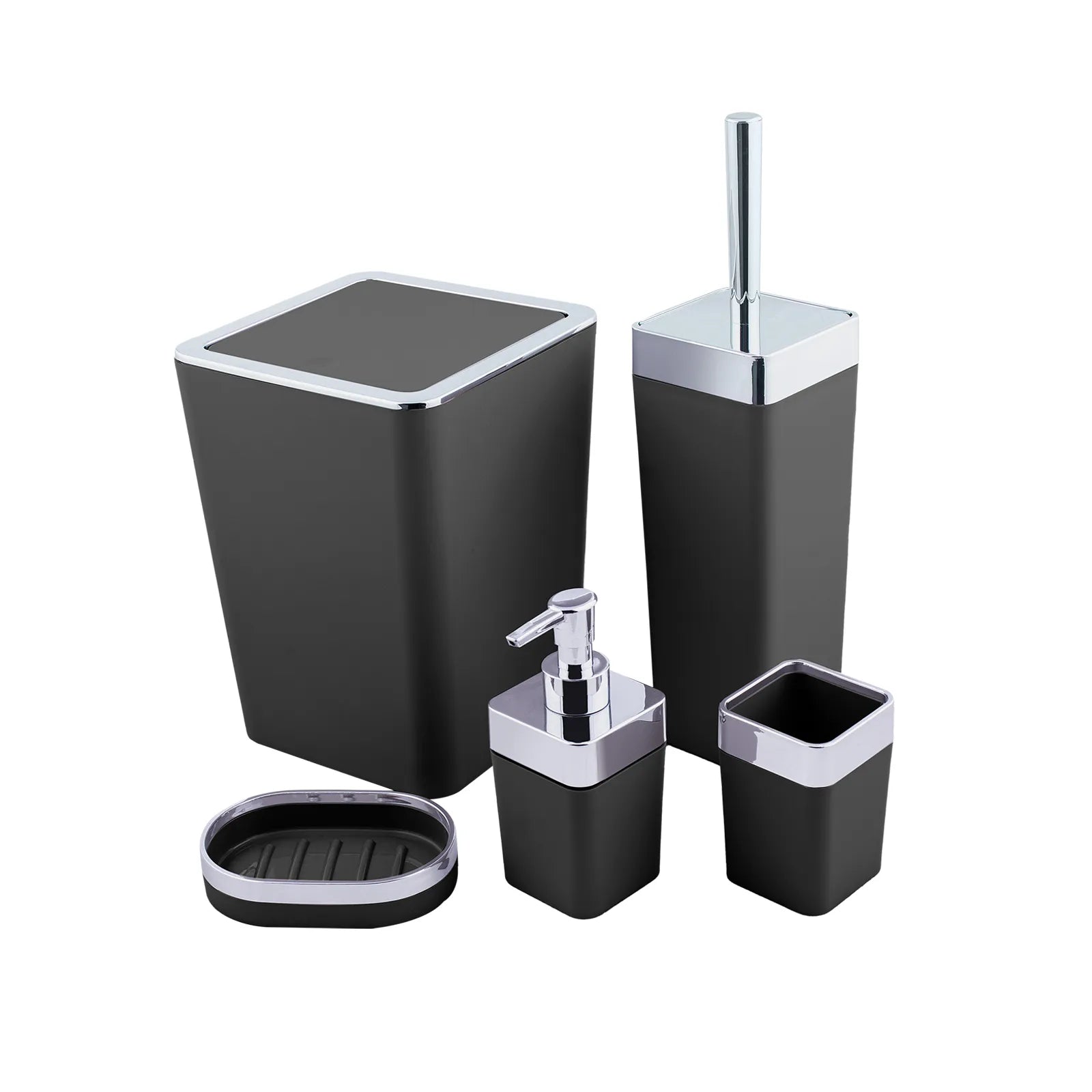 Karaca Home Black/Silver 5 Piece Square Bathroom Set 300.21.02.0023 -  Bathroom Accessories | طقم حمام كاراجا هوم أسود / فضي 5 قطع مربعة - ebarza Furniture UAE | Shop Modern Furniture in Abu Dhabi & Dubai - مفروشات ايبازرا في الامارات | تسوق اثاث عصري وديكورات مميزة في دبي وابوظبي