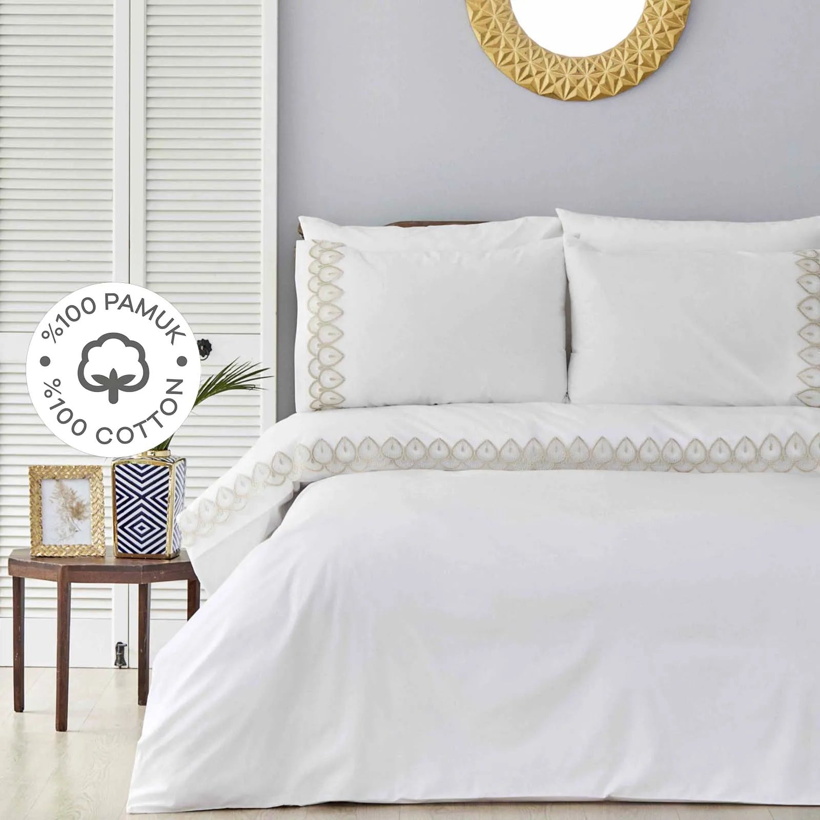 Karaca Home Fidelle Gold Double 100% Cotton French Lace Duvet Cover Set 200.18.01.0432 -  Bedding | كاراجا هوم فيديل طقم غطاء لحاف دانتيل فرنسي 100٪ قطن مزدوج ذهبي - ebarza Furniture UAE | Shop Modern Furniture in Abu Dhabi & Dubai - مفروشات ايبازرا في الامارات | تسوق اثاث عصري وديكورات مميزة في دبي وابوظبي