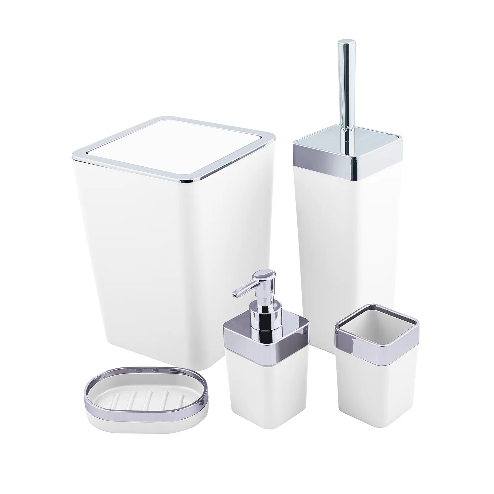 Karaca Home White/Silver 5 Piece Square Bathroom Set 300.21.02.0025 -  Bathroom Accessories | طقم حمام كاراجا هوم أبيض / فضي 5 قطع مربع - ebarza Furniture UAE | Shop Modern Furniture in Abu Dhabi & Dubai - مفروشات ايبازرا في الامارات | تسوق اثاث عصري وديكورات مميزة في دبي وابوظبي